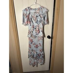 Truly Me Blue Pink Floral dress Ruffled Tiered Lightweight SZ S Cottagecore Maxi